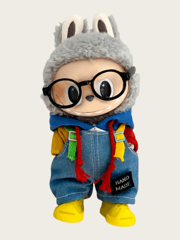 LABUBU  Denim overalls + colorblock hoodie